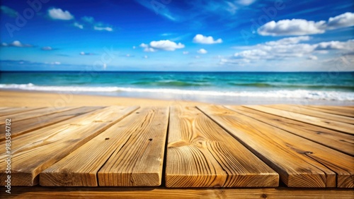 Fototapeta Naklejka Na Ścianę i Meble -  Wooden planks on blur beach with sea in background for rustic design projects