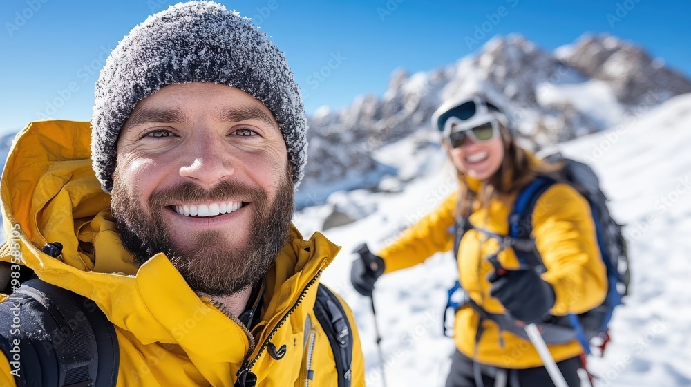 A gleeful couple in yellow jackets enjoy a snowy peak hiking trip, captured smiling broadly with mountain gear, representing joy, love, and shared adventures. A gleeful couple in yellow jackets enjoy a snowy peak hiking trip, captured smiling broadly with mountain gear, representing joy, love, and shared adventures.