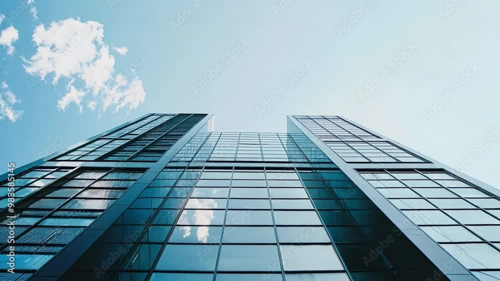 A sleek glass building stands tall against a bright blue sky, reflecting clouds and sunlight, showcasing modern architecture and urban design. A sleek glass building stands tall against a bright blue sky, reflecting clouds and sunlight, showcasing modern architecture and urban design.
