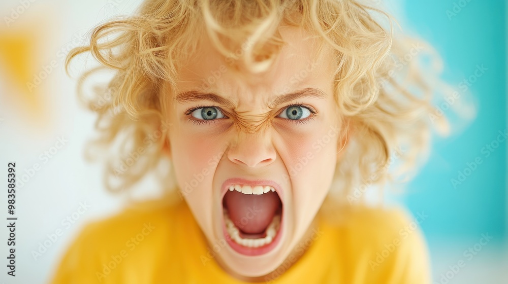 A fierce young child with wild blonde curly hair, her mouth open as she yells, capturing a powerful moment of anger and raw, unfiltered emotion in a vivid setting. A fierce young child with wild blonde curly hair, her mouth open as she yells, capturing a powerful moment of anger and raw, unfiltered emotion in a vivid setting.