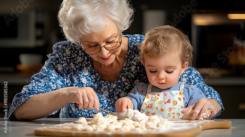 A grandmother and grandchild bake together, sharing joy in the warmth of the kitchen.