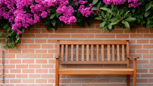 A brown wooden bench stands against a brick wall, with a canopy of vibrant purple flowers and green leaves above, creating a colorful and peaceful outdoor seating area.