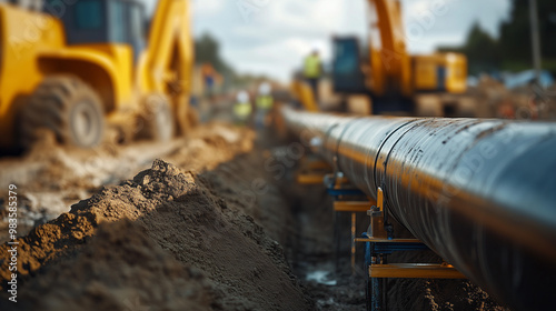 Wallpaper Mural Pipeline Construction. Large-scale construction of a pipeline with heavy machinery, perfect for infrastructure, industry, and engineering themes. Torontodigital.ca