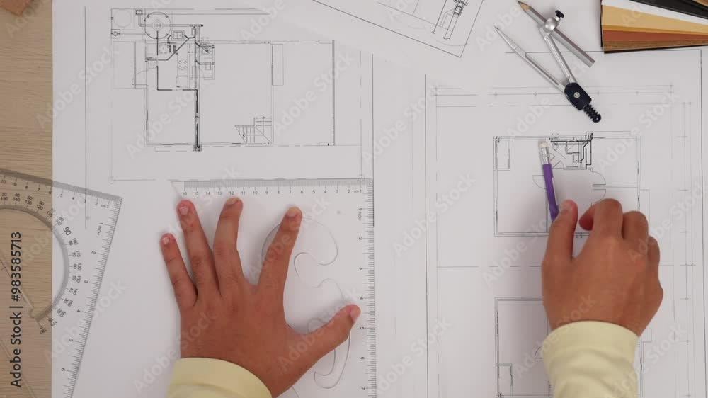 Slow motion interior designer drafting blueprint with customer ...