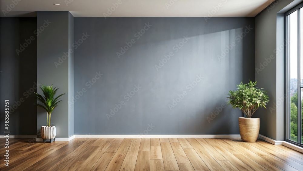 Sleek minimalist room with gray wall and wooden floor for interior design inspiration