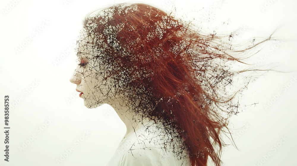 Ephemeral Beauty: A woman's face, rendered in delicate strokes of dissolving particles, evokes a sense of fleeting beauty and the transience of time. The image's ethereal quality invites contemplation Ephemeral Beauty: A woman's face, rendered in delicate strokes of dissolving particles, evokes a sense of fleeting beauty and the transience of time. The image's ethereal quality invites contemplation