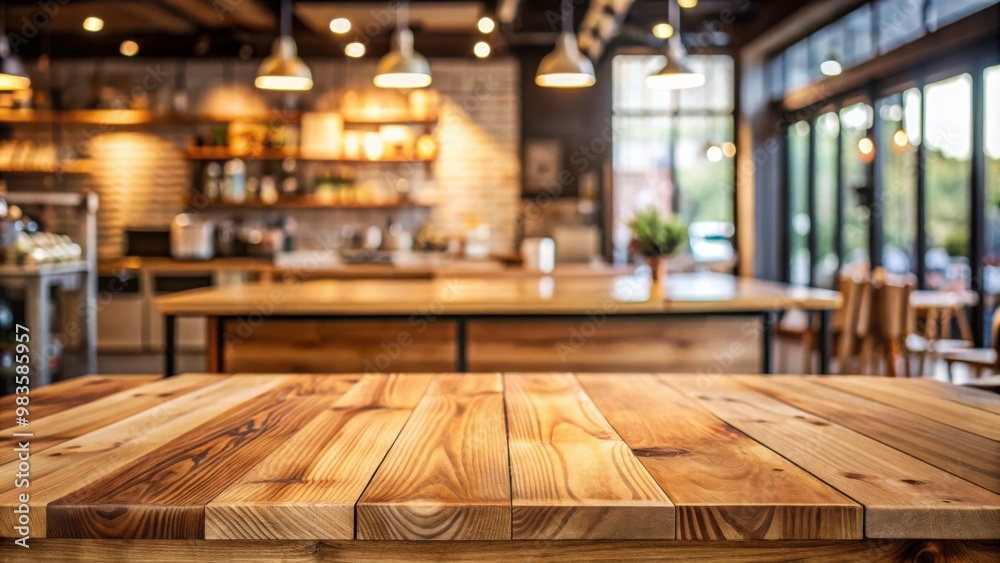 Empty wooden board table mockup in coffee shop background for product display Empty wooden board table mockup in coffee shop background for product display