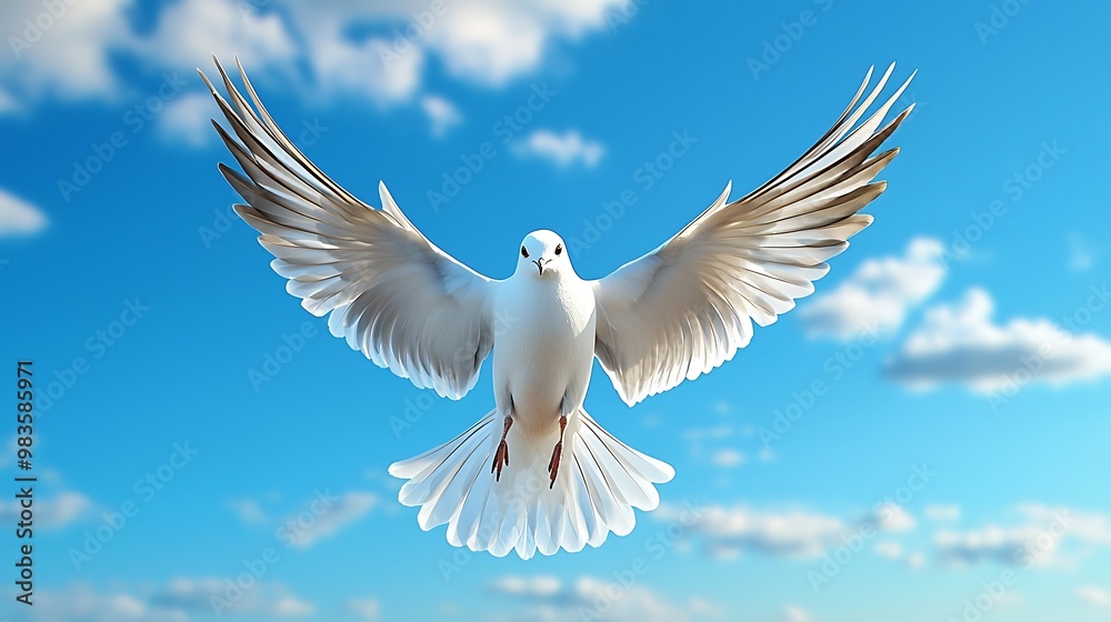 Obraz premium A white dove soars through a blue sky, gliding peacefully among the clouds.