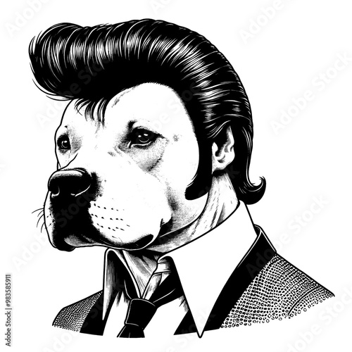 Funny portrait of a humanized dog in retro clothing. Hand-drawn vector sketch isolated on a white background.
