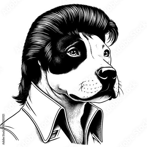 Funny portrait of a humanized dog in retro clothing. Hand-drawn vector sketch isolated on a white background.