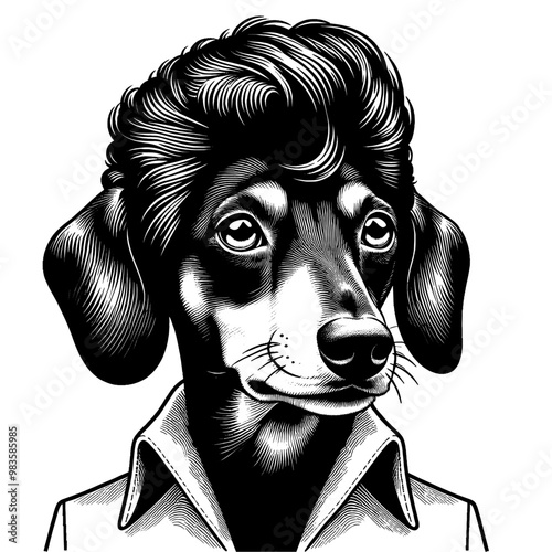 Funny portrait of a humanized dog in retro clothing. Hand-drawn vector sketch isolated on a white background.