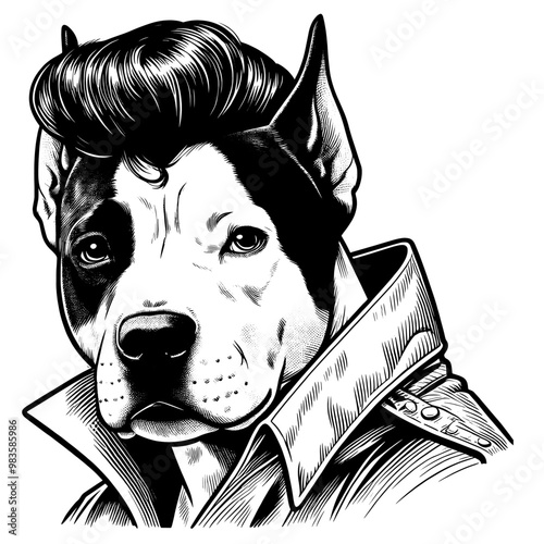 Funny portrait of a humanized dog in retro clothing. Hand-drawn vector sketch isolated on a white background.