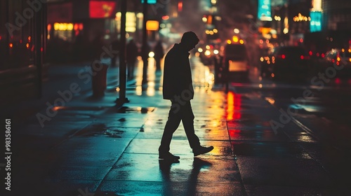 A lone figure walks through a city street at night, illuminated by colorful streetlights reflecting on the wet pavement.