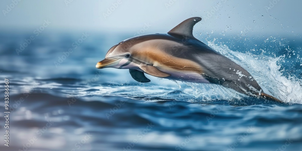 Fototapeta premium Dolphin with a prominent dorsal fin elegantly swimming across the water's surface, releasing a soft puff of air from its blowhole.