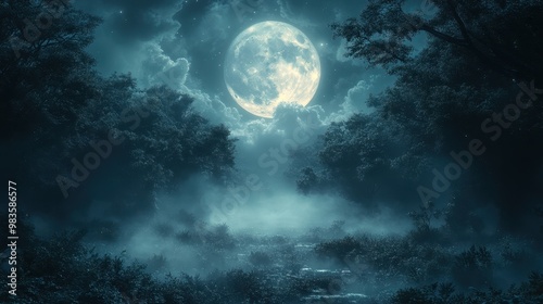 A serene night scene features a full moon illuminating a misty forest landscape, perfect for backgrounds in stories, invitations, or nature-themed projects, evoking a sense of peace and mystery,