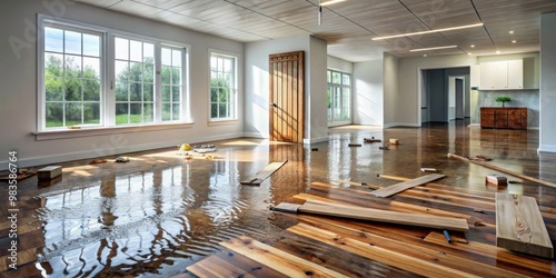 Flooded wooden floor house interior with water damage and floating debris