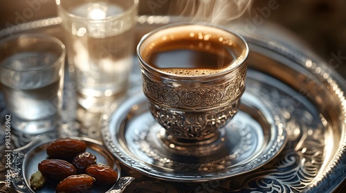 A traditional silver tray with a steaming cup of coffee, dates, and a glass of water.