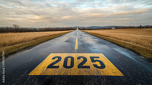 Road with 2025 Milestone Ahead.  A straight road with 