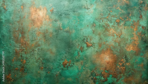 Green copper patina background with weathered metallic texture top view for design projects