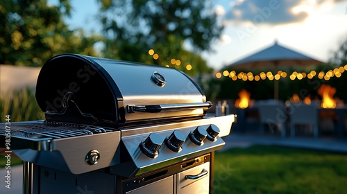 A stainless steel gas grill stands open in a backyard, ready for a barbecue under string lights.