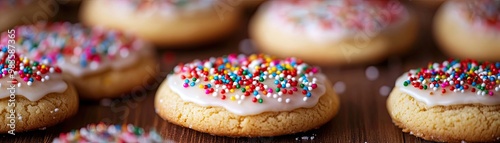 Delicious cookies topped with creamy frosting and colorful sprinkles, perfect for celebrations and sweet treats.