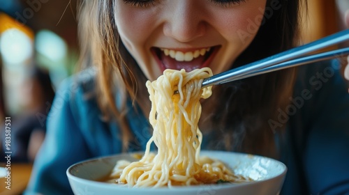 Cheerful Asian Woman Savoring Delicious Noodle Dish with Chopsticks in Restaurant photo