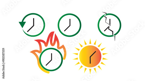 Conceptual Time Icons, contain time running out , break time, wasting tme, and time to shine