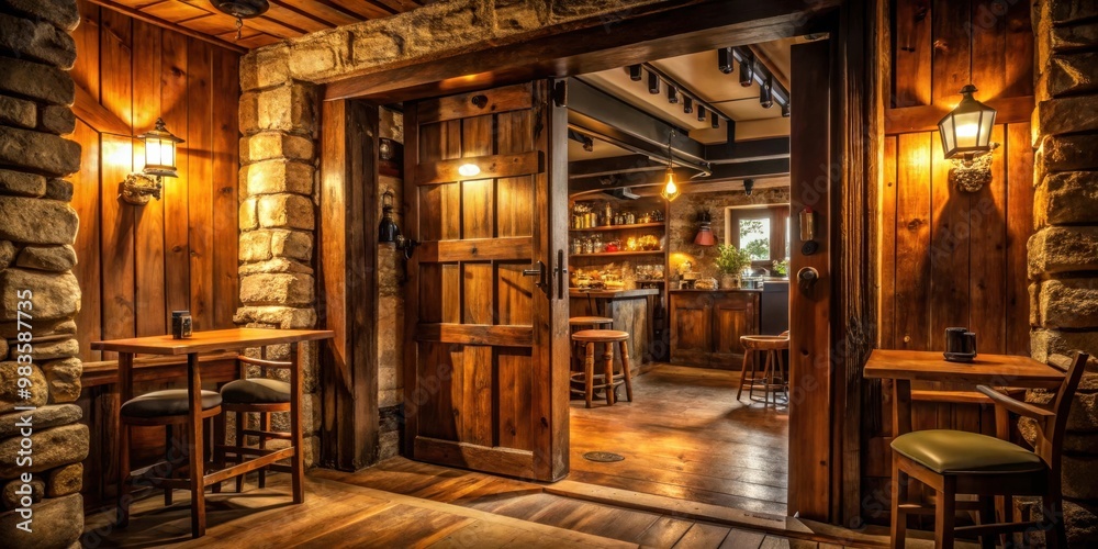 Rustic wooden door open to reveal cozy pub interior with warm lighting and vintage decorations Rustic wooden door open to reveal cozy pub interior with warm lighting and vintage decorations