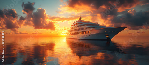 Calm Cruise Ship at Sunset with Beautiful Sky, Ultra-realistic 