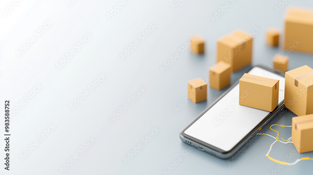 Online shopping experience with packages and smartphone. Online shopping experience with packages and smartphone.