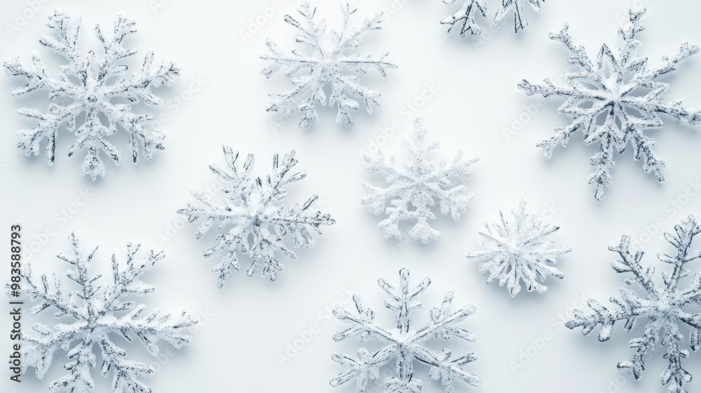 A beautiful arrangement of snowflakes on a soft white background, showcasing intricate designs and delicate structures of winter.