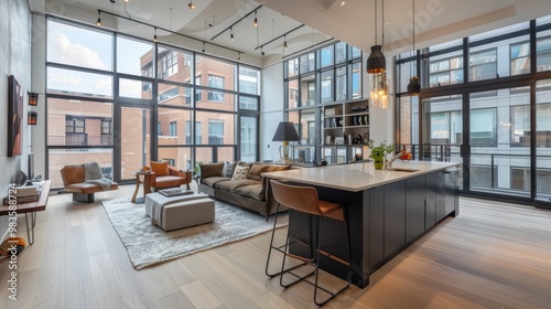 Modern Loft Living Room with Kitchen Island and City Views