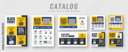 Supermarket product sale catalog flyer bundle with social media post | Black Friday web banner ads | Poster set for promotion | Cyber Monday square banner & catalog flyer