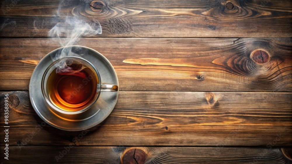 Top view of a steaming cup of tea on rustic wooden surface with vintage charm