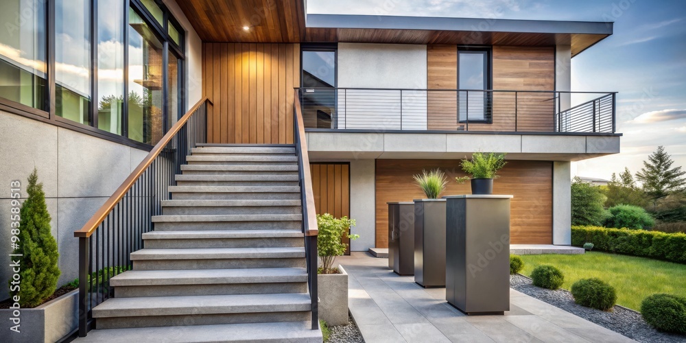 Modern outdoor staircase design of a house with trash bins and exterior ...