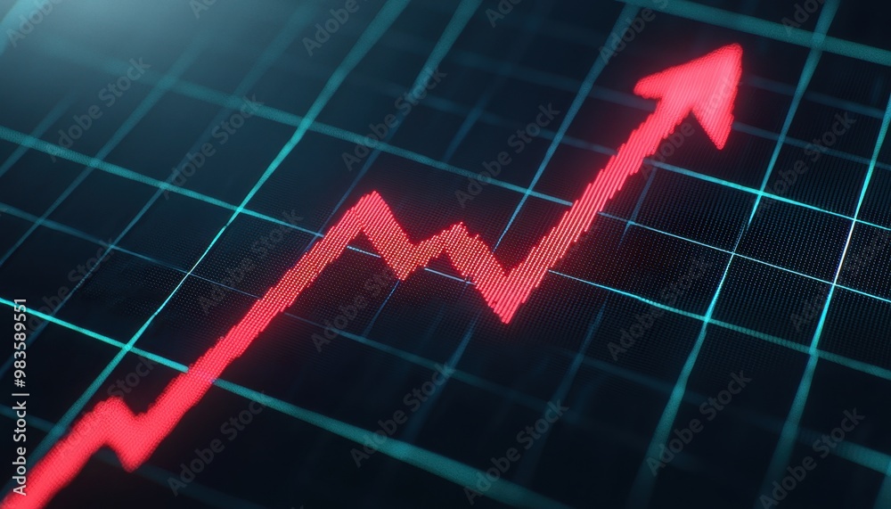 Naklejka premium Interest rates symbol, rising arrow on stock market board, 3D illustration. The US Federal Reserve cuts and raises interest rates. World economy