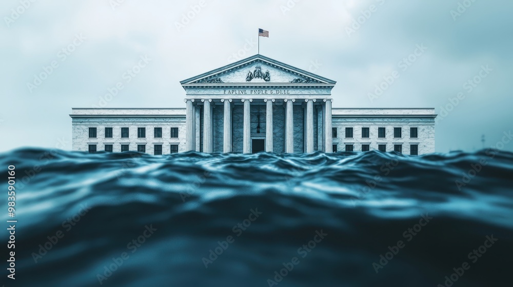 Fototapeta premium Federal Reserve building, economic impact waves, 3D illustration. The US Federal Reserve cuts and raises interest rates. World economy