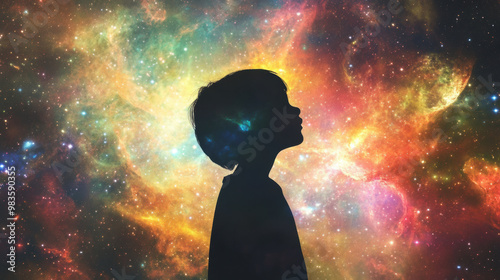 A childs silhouette stands against vibrant cosmic backdrop, filled with swirling colors and stars, evoking sense of wonder and imagination