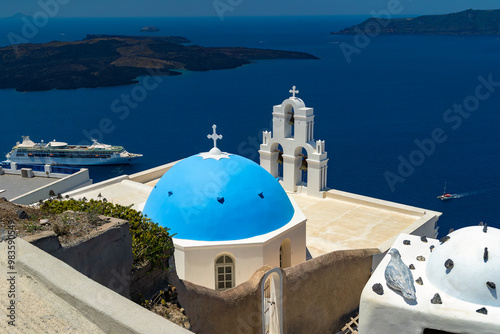 Blue dome and bell tower, St. Gerasimos church, Firostefani, Fira, Santorini (Thira), Cyclades Islands, Greek Islands, Greece, Europe                              photo