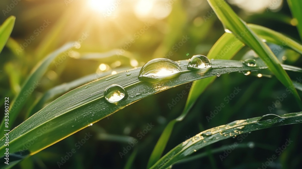Dew Drops on Green Grass Blade Closeup with Sunlight Dew Drops on Green Grass Blade Closeup with Sunlight