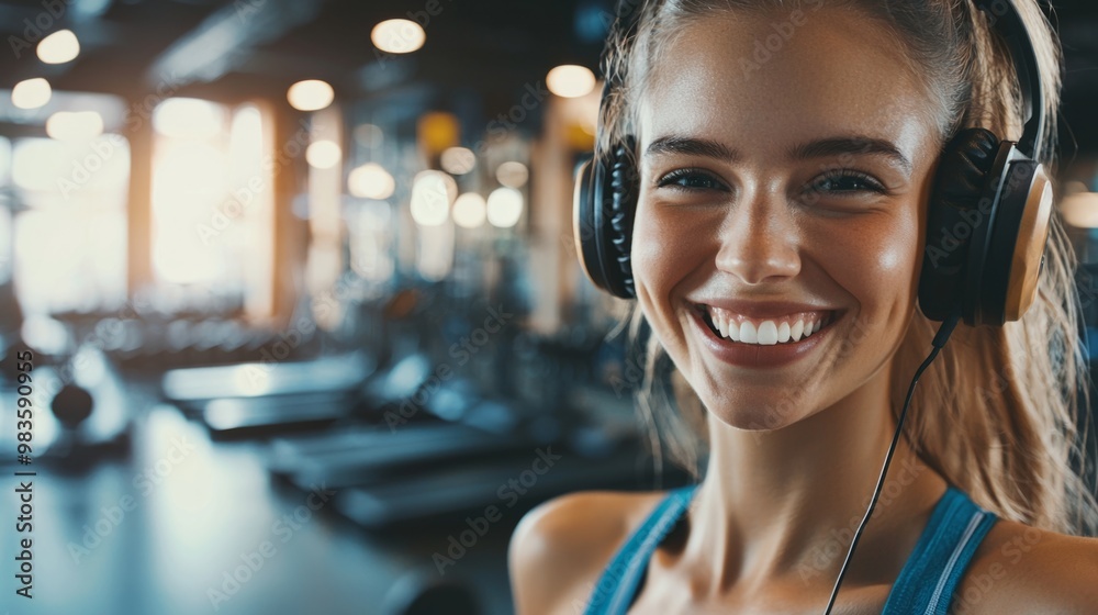 Happy active woman with headphones in fitness center or gym.