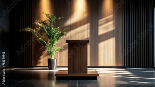 Contemporary podium with a lush plant in a well-lit modern interior  ideal for presentations or events emphasizing professionalism and serenity  suitable for business or design-related content 