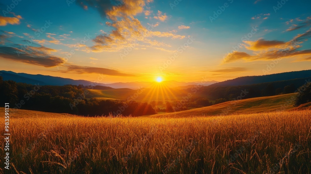 Golden Sunset Over Rolling Hills with Grass Golden Sunset Over Rolling Hills with Grass