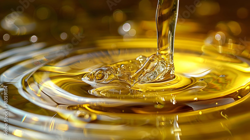 A Stream of Golden Liquid Creates Concentric Ripples as it Flows into a Pool of Oil, Captured in a Macro Photography Shot