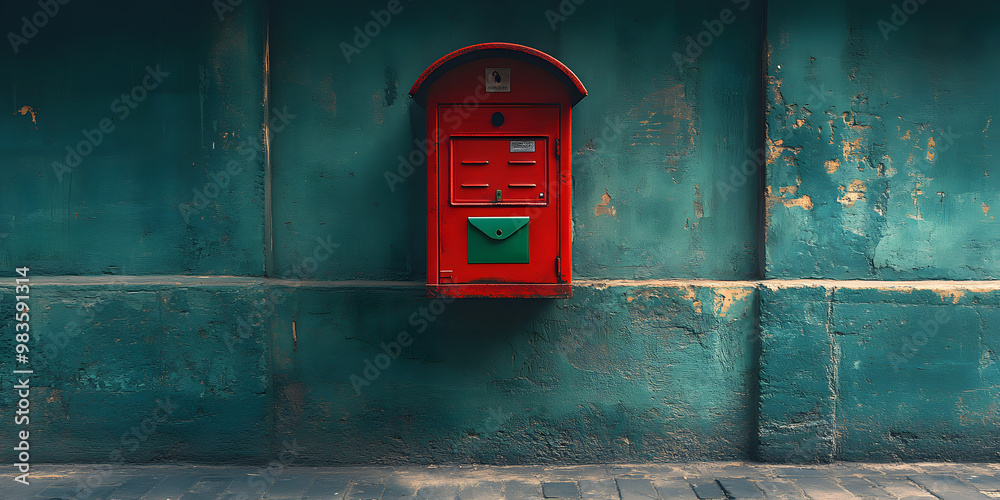 A Red Mailbox with a Green Envelope Positioned Against a Teal Wall, Featuring a Bright and Colorful Contrast for a Vibrant Visual Appeal
A Red Mailbox with a Green Envelope Positioned Against a Teal Wall, Featuring a Bright and Colorful Contrast for a Vibrant Visual Appeal