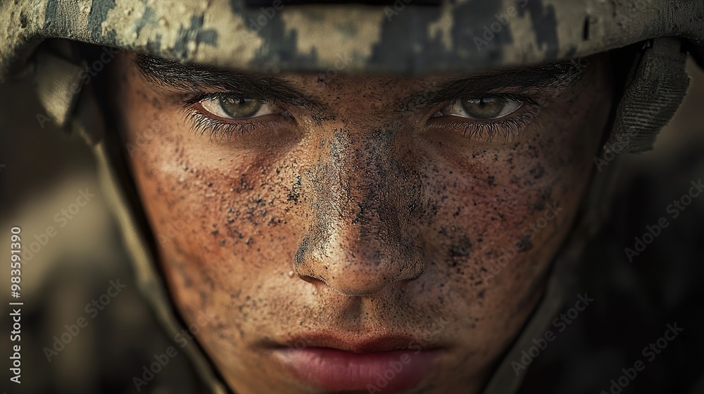 Close-up Portrait of a Determined Soldier in Camouflage Close-up Portrait of a Determined Soldier in Camouflage