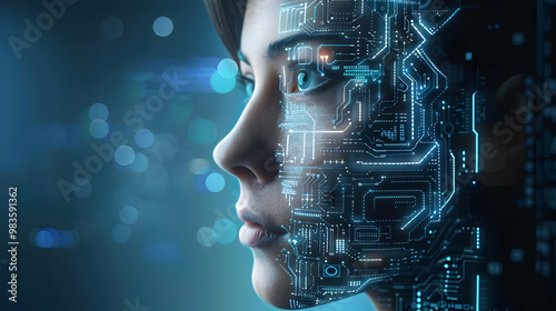 Digital Circuitry Overlays a Woman's Face in a Futuristic Digital Art Illustration