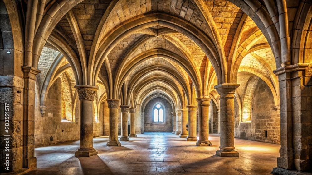 Ancient Stone Hall with Grand Arched Doorways in Soft Natural Light Ancient Stone Hall with Grand Arched Doorways in Soft Natural Light