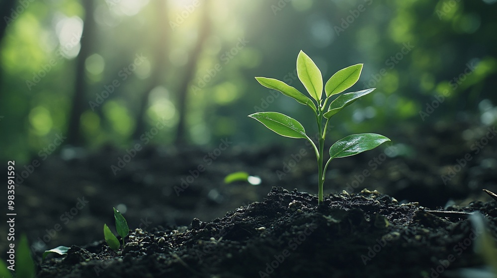 A Single Sapling Emerging from Rich Soil in a Lush Forest A Single Sapling Emerging from Rich Soil in a Lush Forest