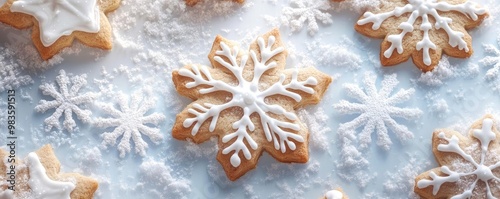 Deliciously crafted snowflake cookies topped with white icing, perfect for festive celebrations and seasonal gatherings.